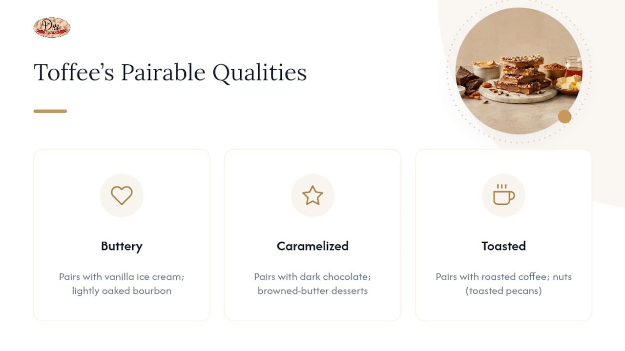 Toffee flavor qualities and pairing connections