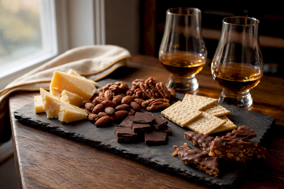 Cheese nuts chocolate and whiskey tasting board