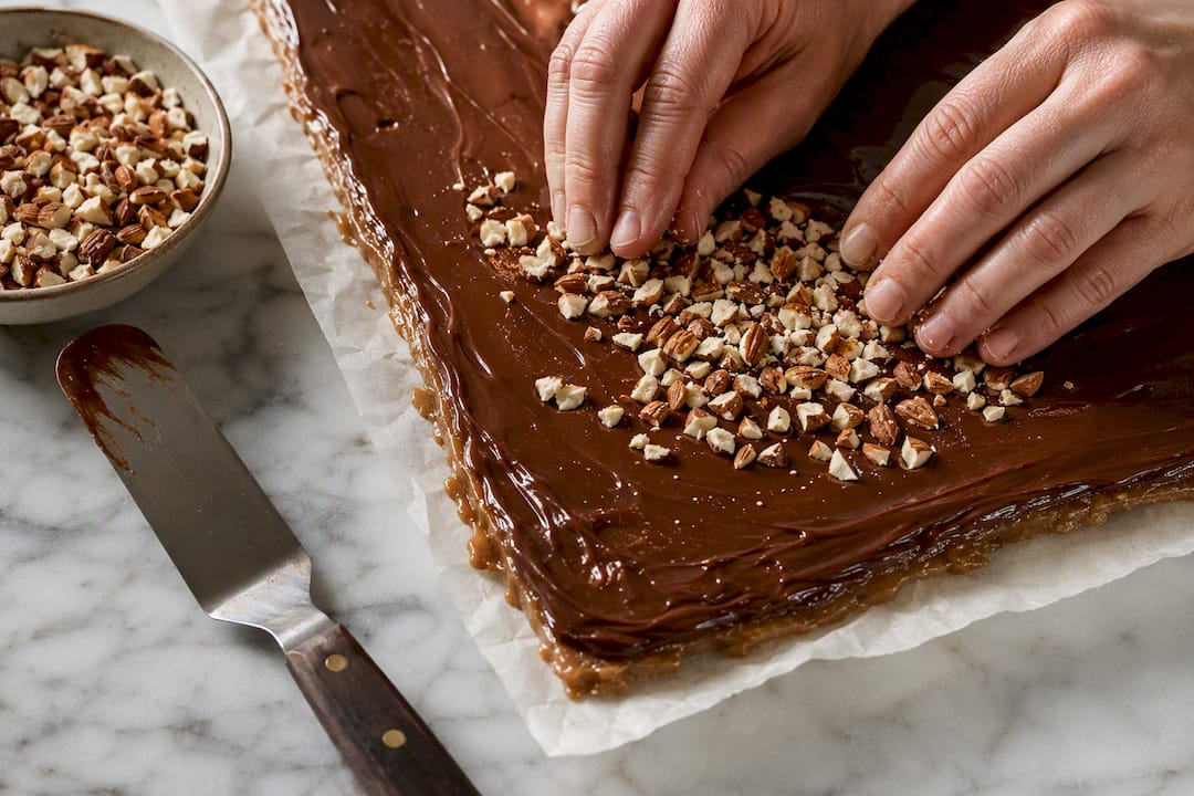 Almonds pressed into warm chocolate toffee