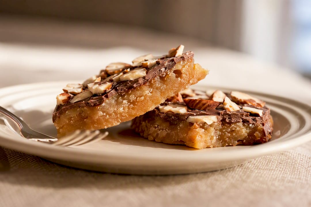 Macro view of soft buttery almond toffee
