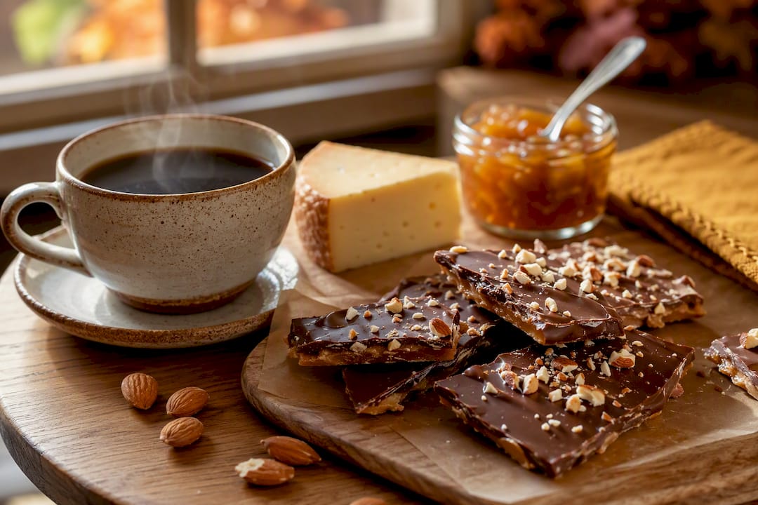 Toffee paired with coffee cheese and preserves