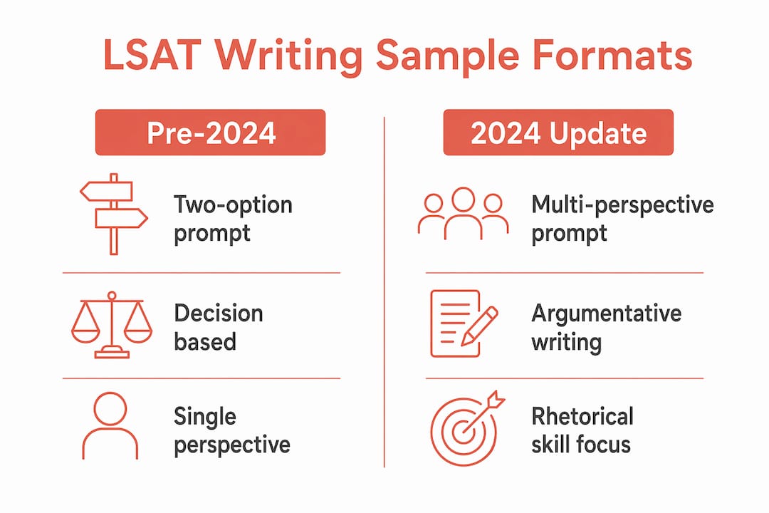 Infographic comparing LSAT writing sample formats pre-2024 and 2024 update