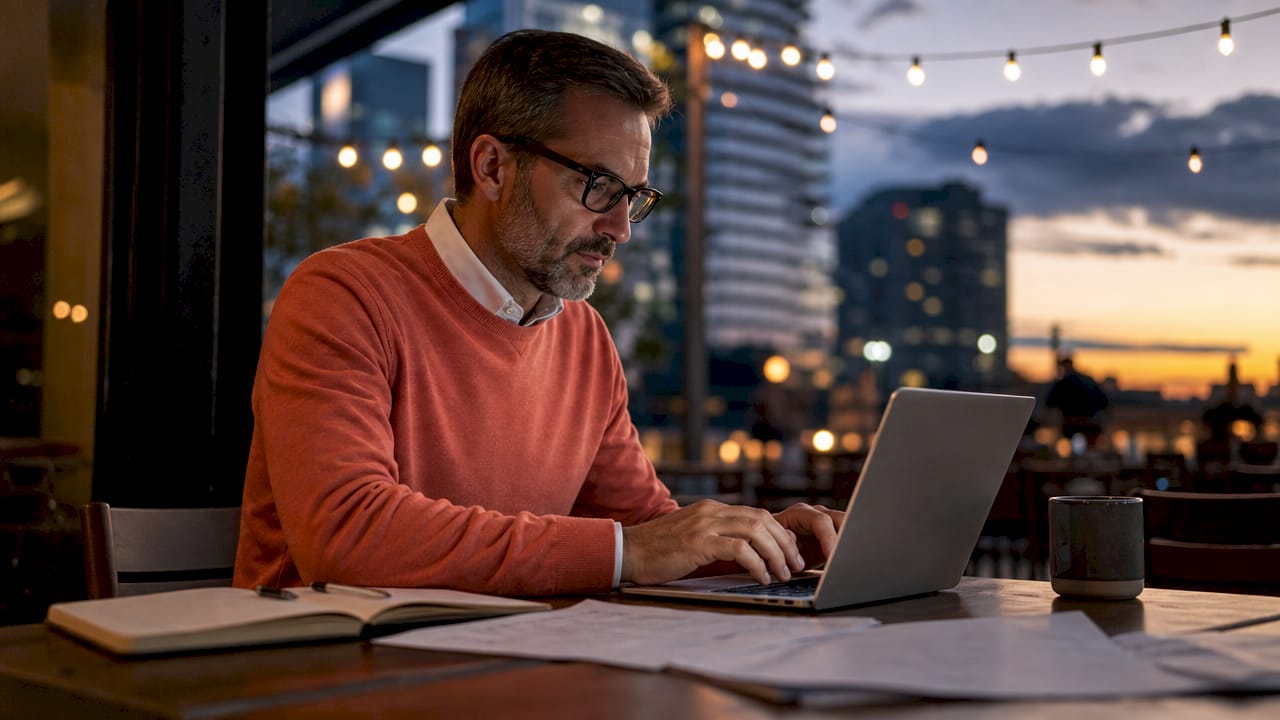Man composing LSAT argumentative essay on laptop