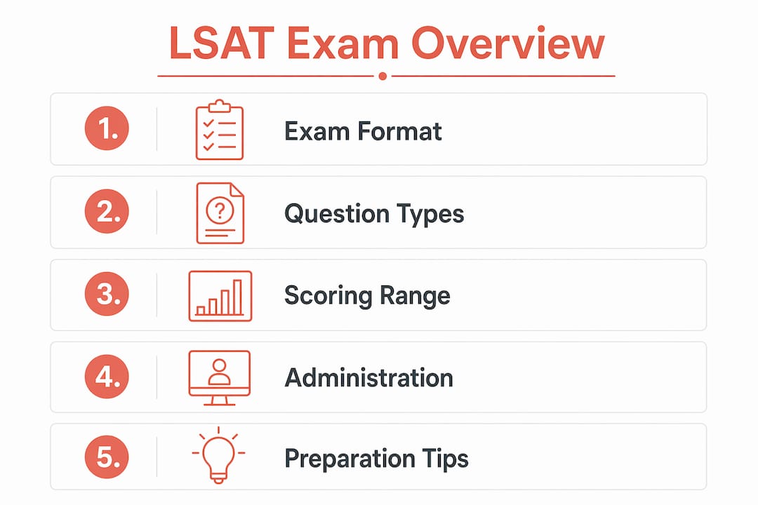 Infographic showing LSAT exam format, scoring, and prep steps