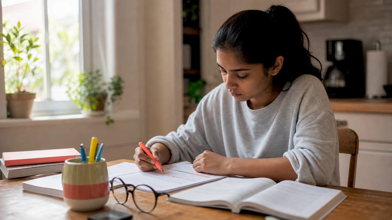Student studying LSAT materials at desk