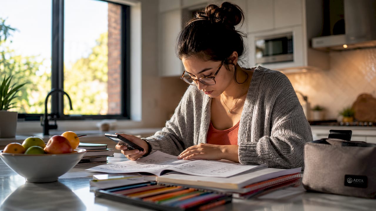 Student using LSAT scoring calculator at desk