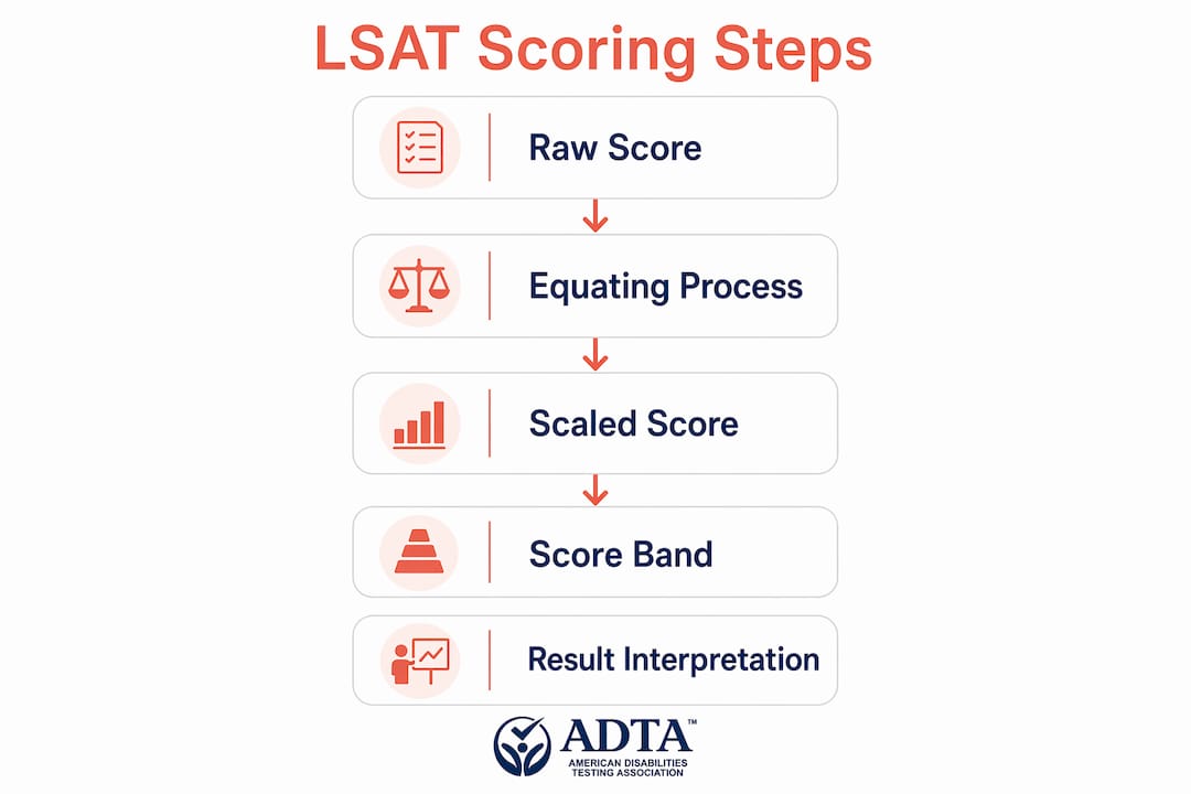 Infographic with LSAT scoring process steps