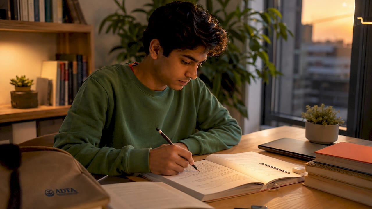 Student studying LSAT at kitchen table