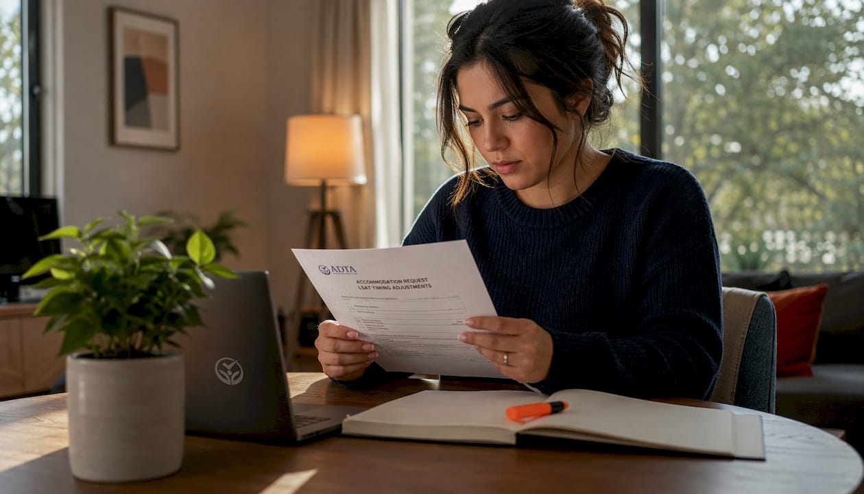 Young woman reviewing LSAT accommodation forms