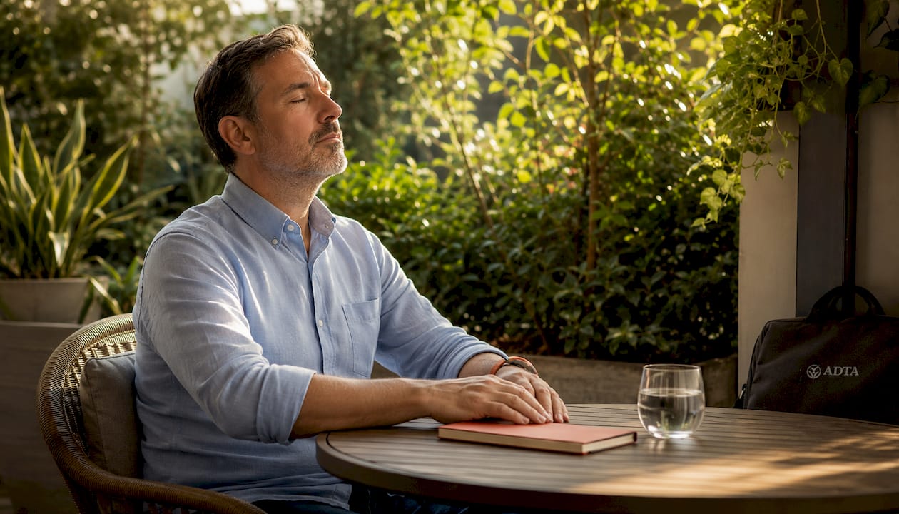Man practicing breathing exercise in café
