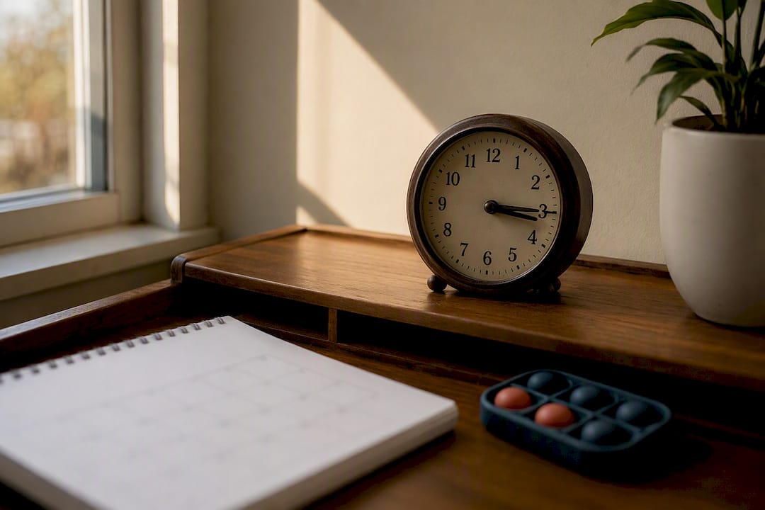 Desk with clock, calendar, and fidget toy