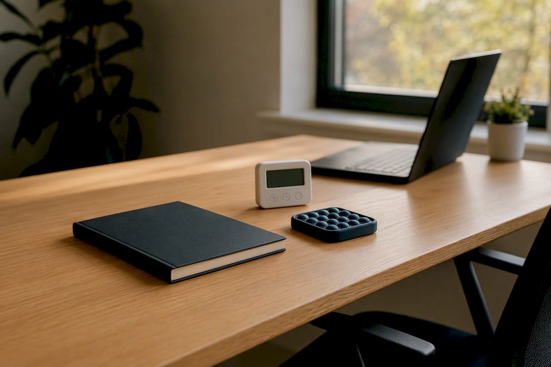 Desk setup with timer and sensory tool