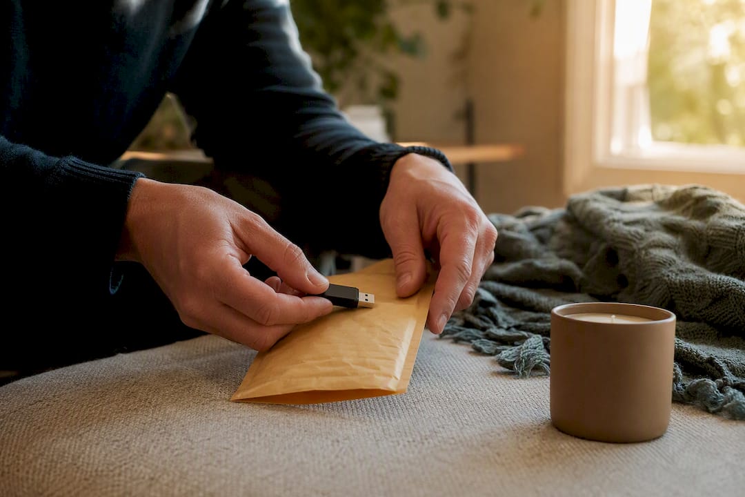 Hands placing USB drive into envelope