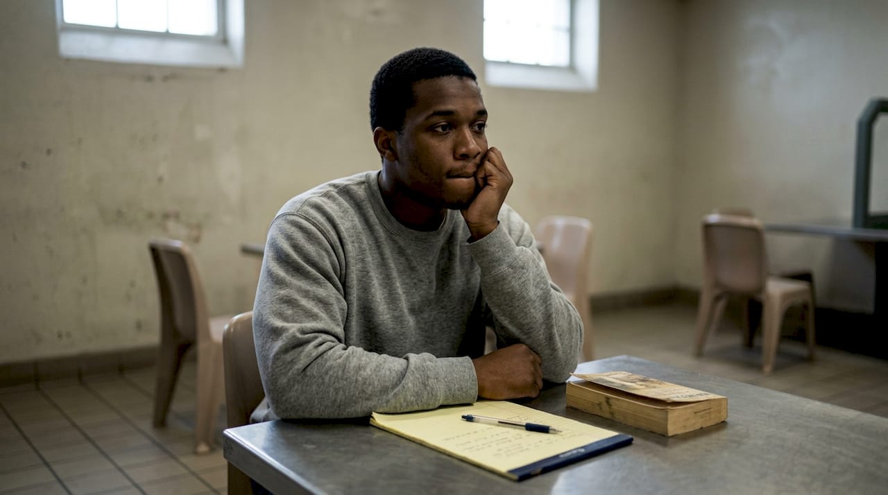 Young man waiting inside jail visiting room