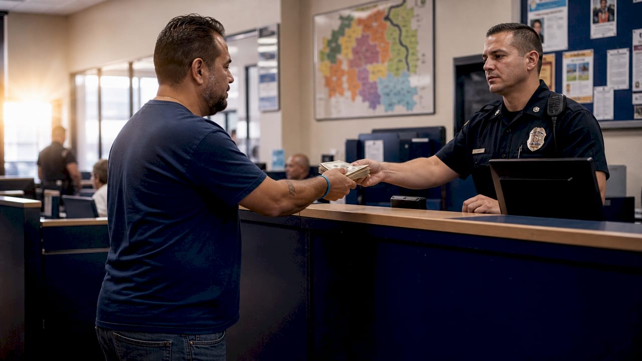 Hands exchanging cash bail documents