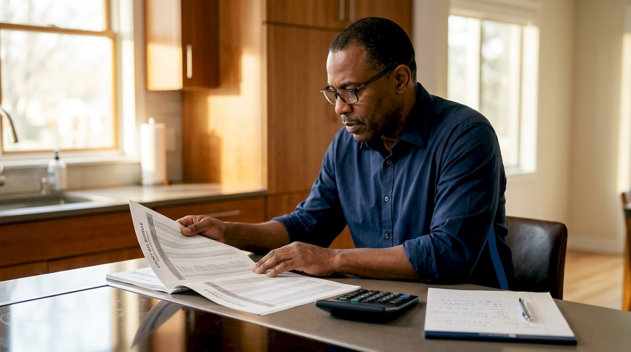 Man comparing county bail schedules at home desk
