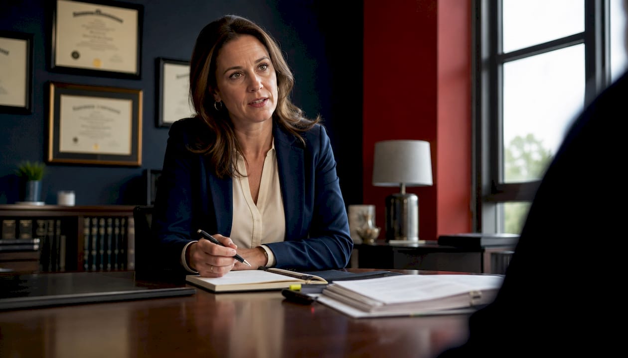Defense attorney consulting client in office