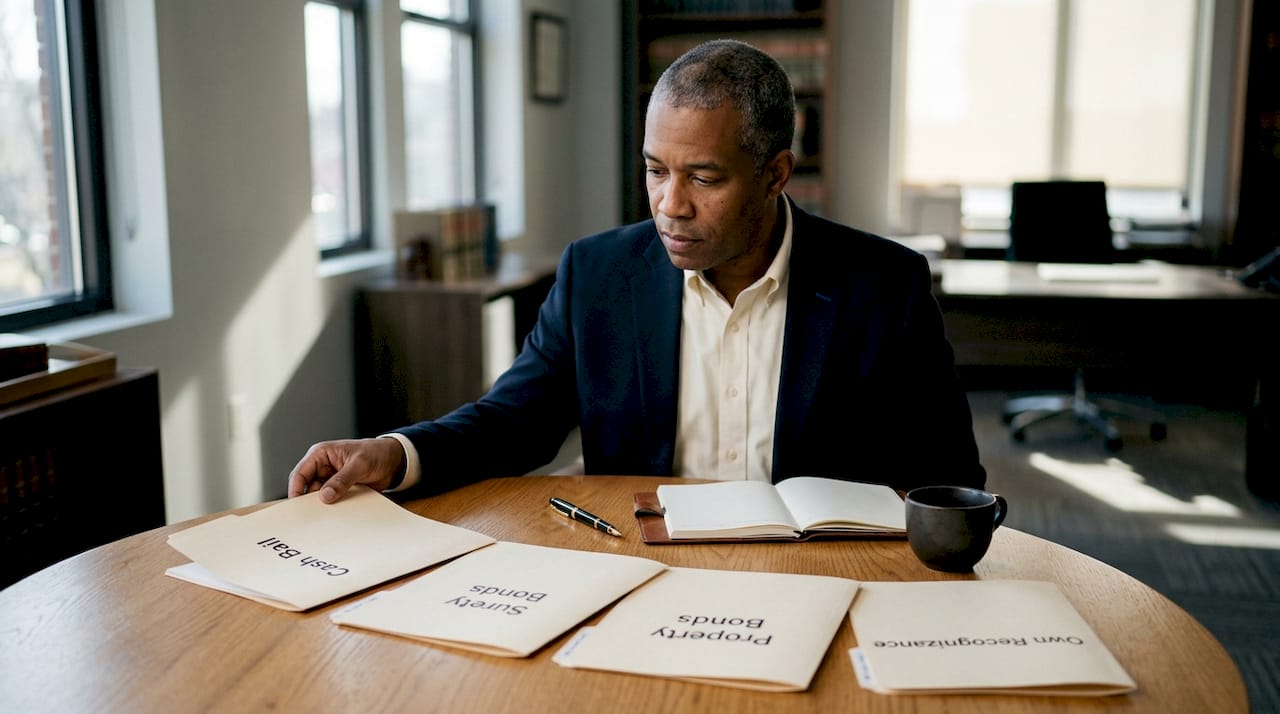 Hands organizing folders on bail bond types