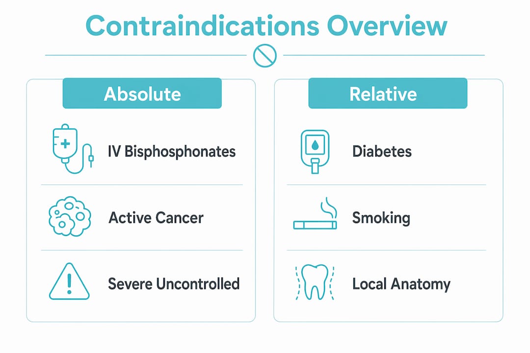 Infographic comparing absolute and relative contraindications for dental implants