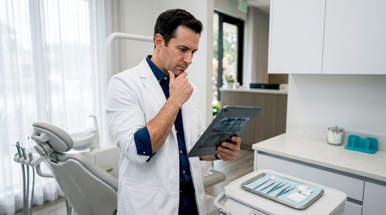 Dentist hands holding tablet with dental X-rays