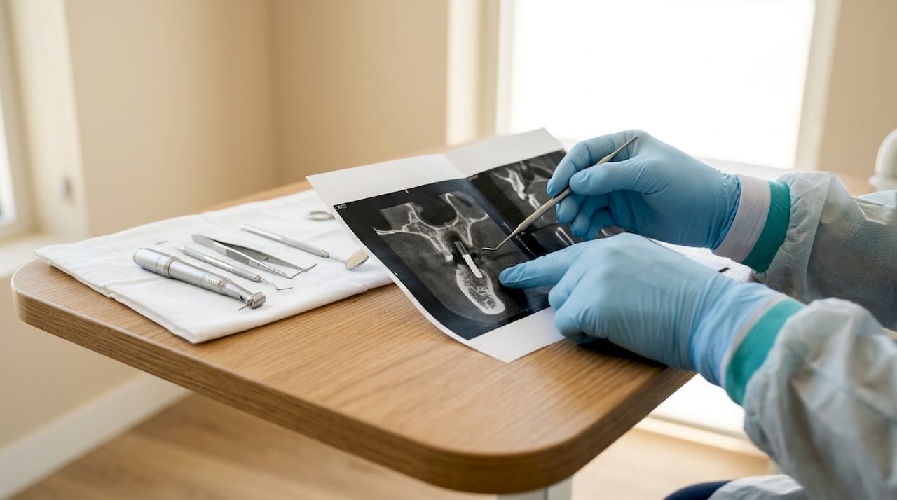 Hands analyzing CBCT scan for dental implant candidacy