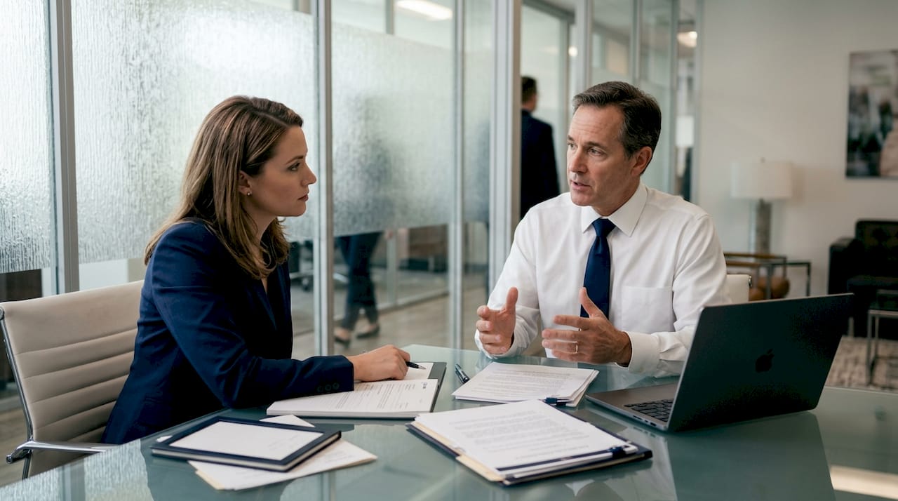 Client and lawyer discussing DUI case in courtroom