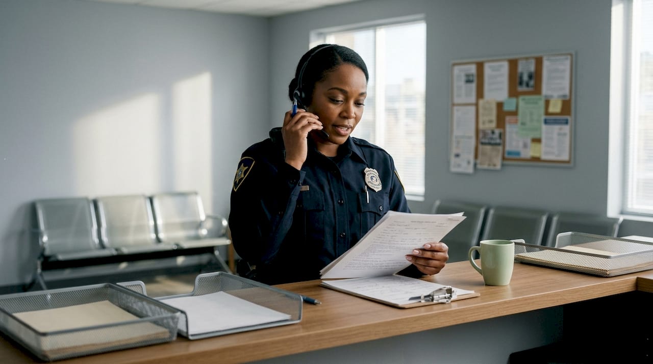 Police officer working at sheriff office reception