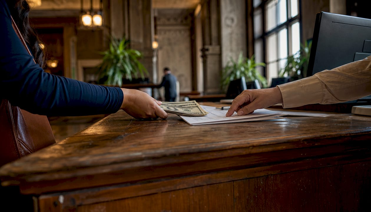 Hands exchanging cash and bail paperwork over counter