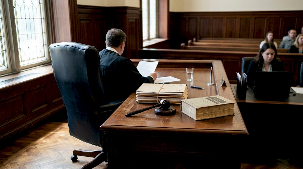 Judge’s gavel and legal files in courtroom