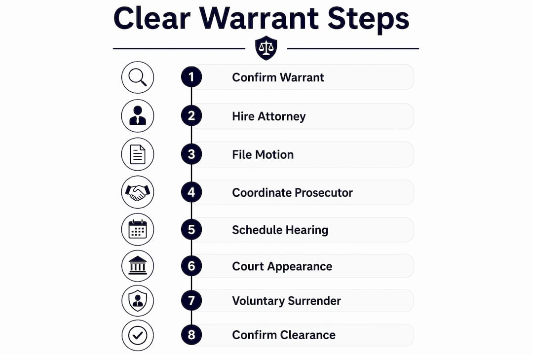 Infographic showing step-by-step bench warrant clearance