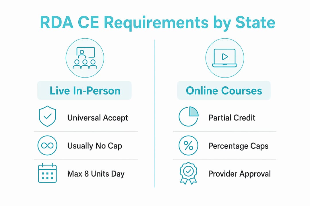 Infographic comparing live versus online RDA CE credits