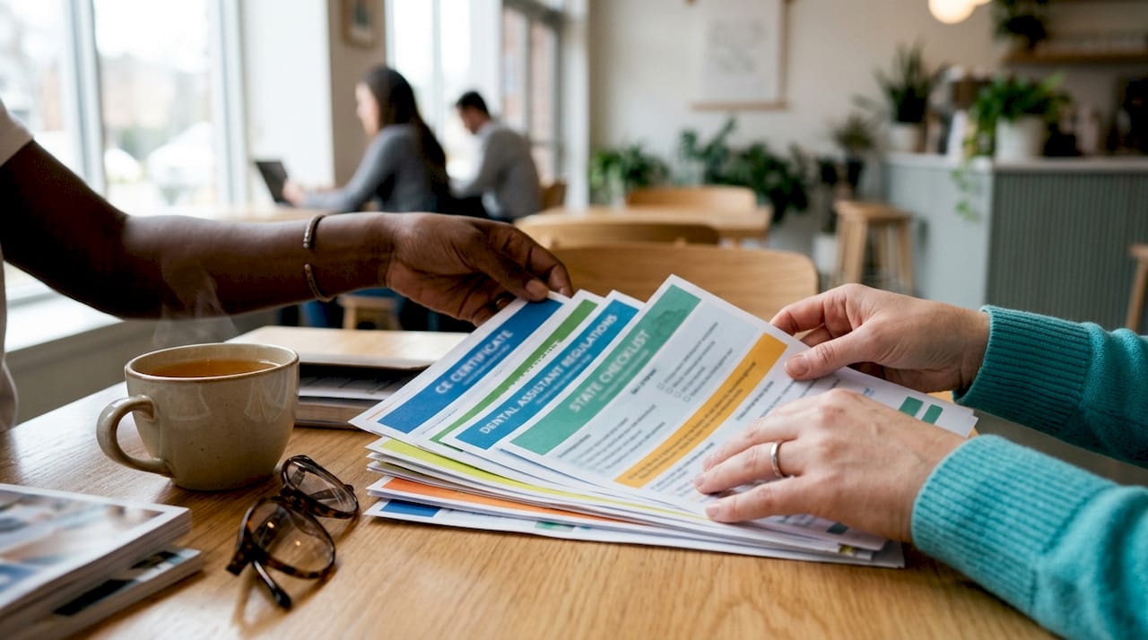 Hands sorting RDA CE certificates and documents