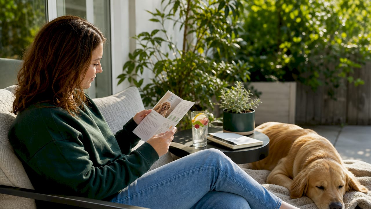 Pet owner reading cannabis safety info with dog nearby