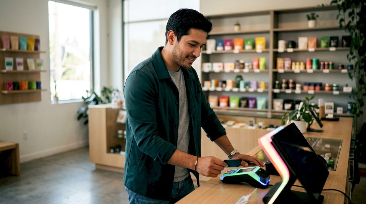Hand holding debit card near payment terminal