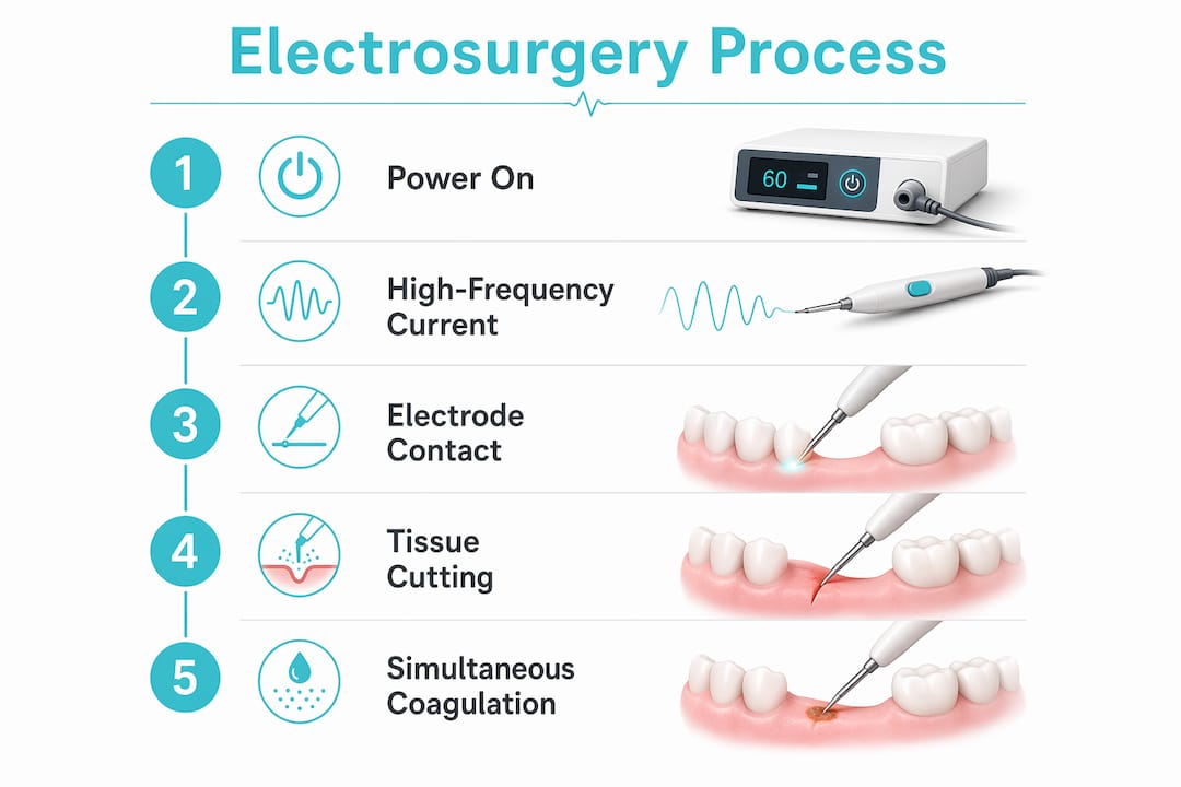 Infographic illustrating steps of dental electrosurgery process