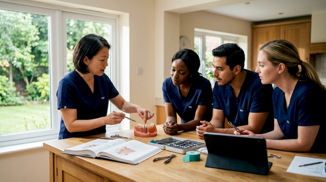 Group of dentists discussing implant training model