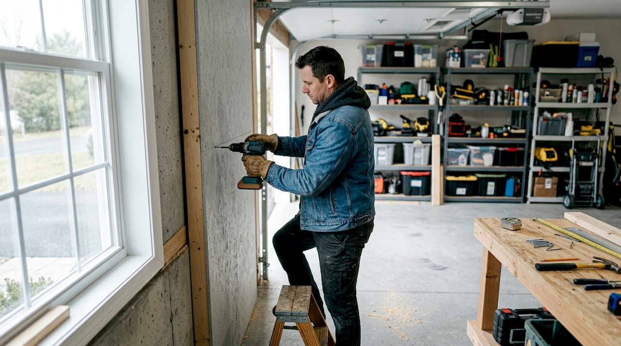 Contractor hands drilling wall panel
