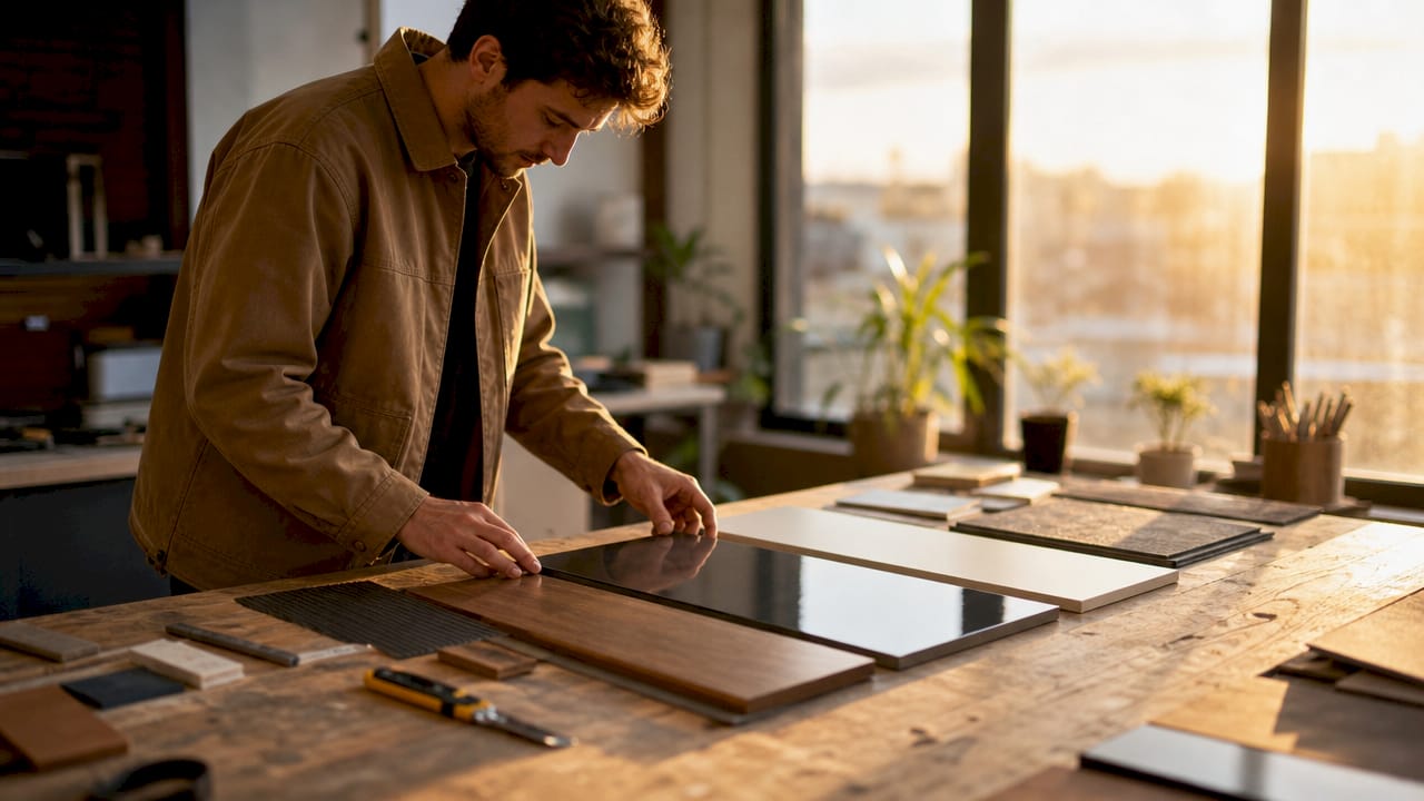 Hands arranging custom wall panel finishes