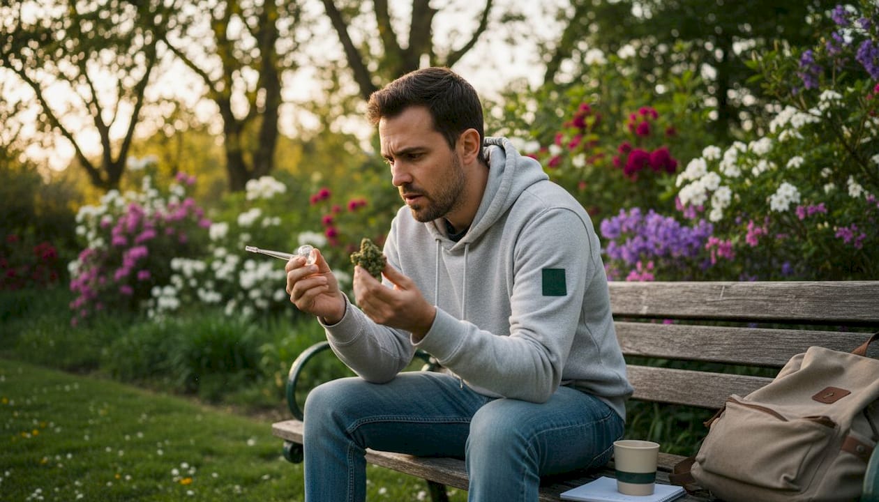 Young man examining cannabis flower in café