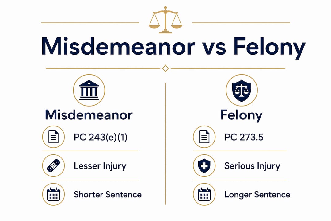 Infographic comparing misdemeanor and felony domestic violence charges in California