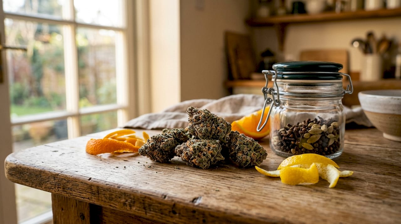 Close-up of Atomic Breath cannabis buds with citrus and spices