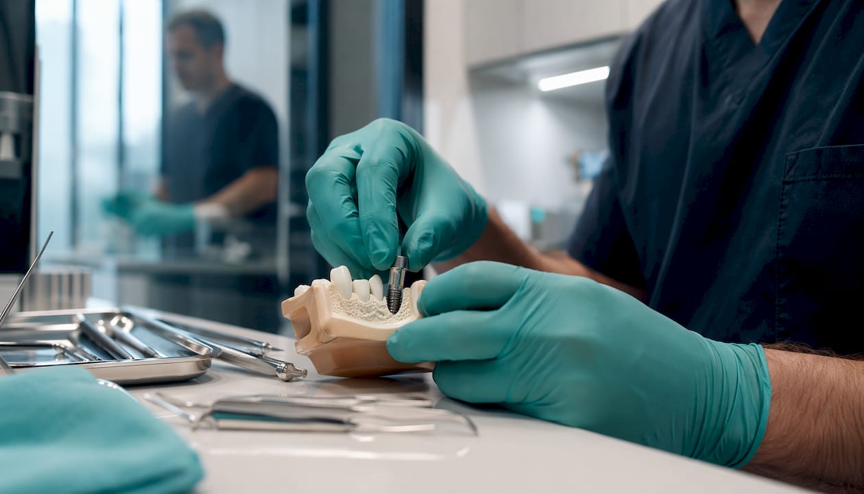 Close-up of dentist hands placing dental implant