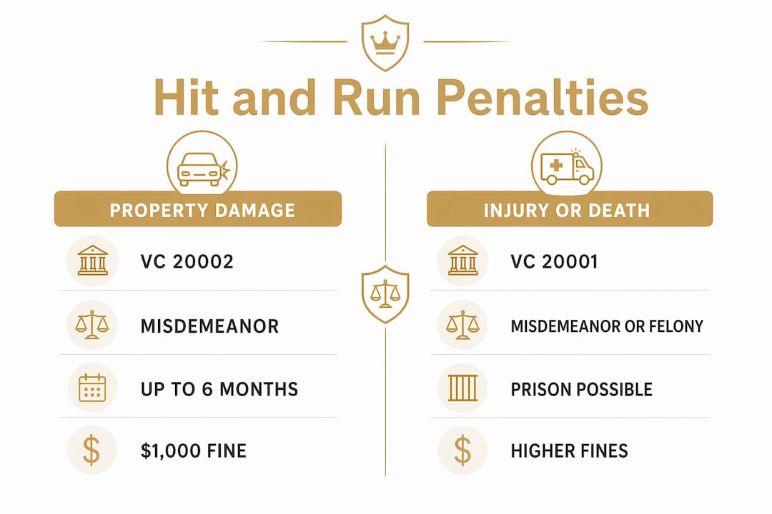 Infographic comparing hit and run penalties for property damage versus injury in California