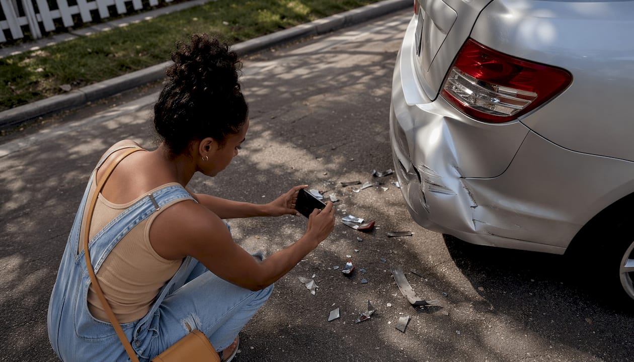 Woman photographing car damage after accident