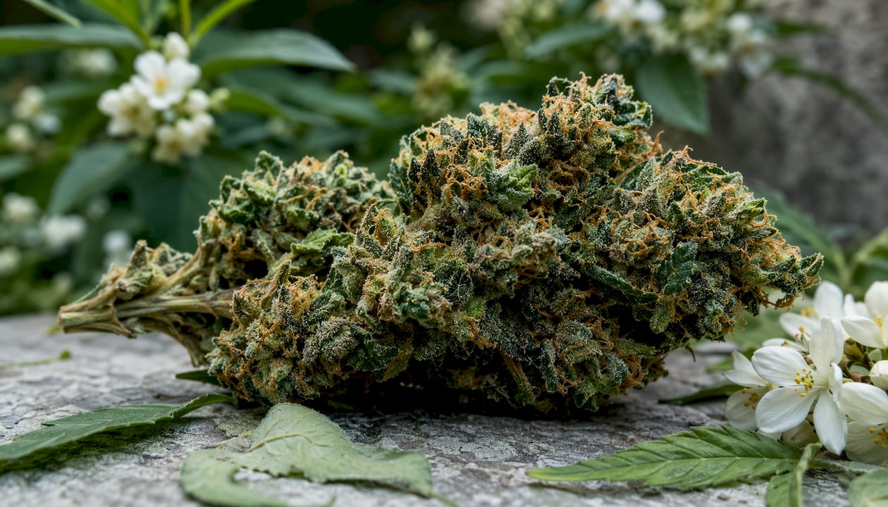 Close-up macro of full-spectrum cannabis flower on table