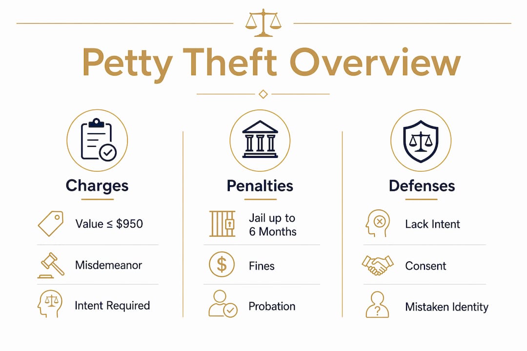 Infographic outlining charges, penalties, and defenses