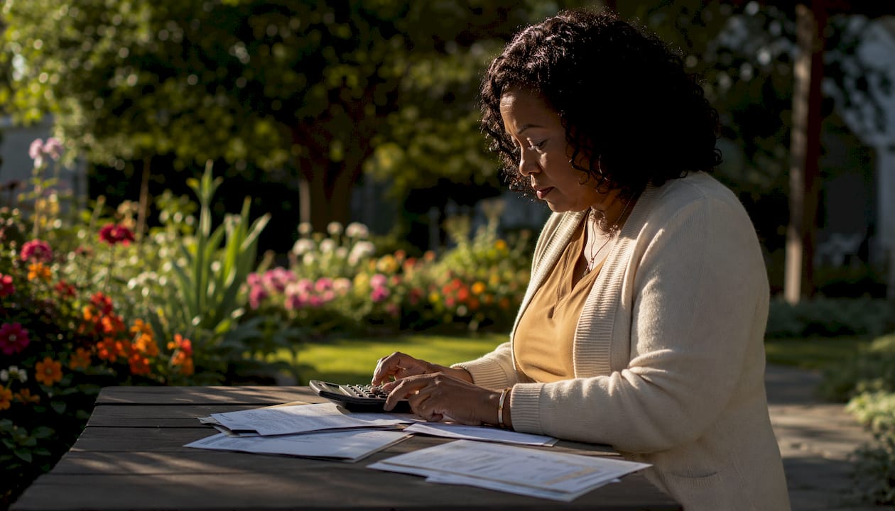 Woman calculating insurance costs at home desk
