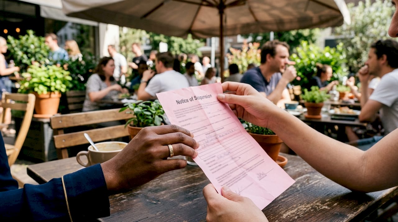 Hands holding pink DMV Notice of Suspension form