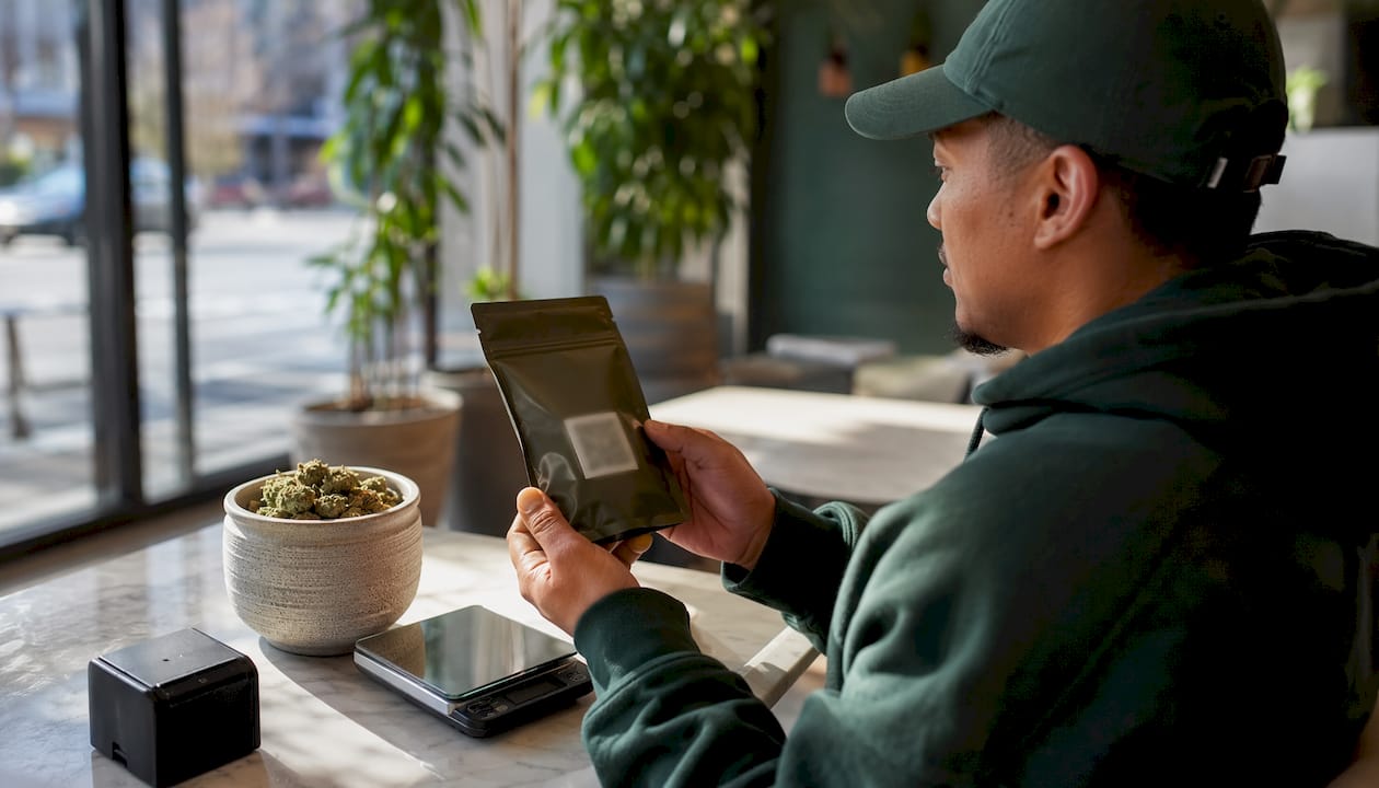 Customer holding premium cannabis package