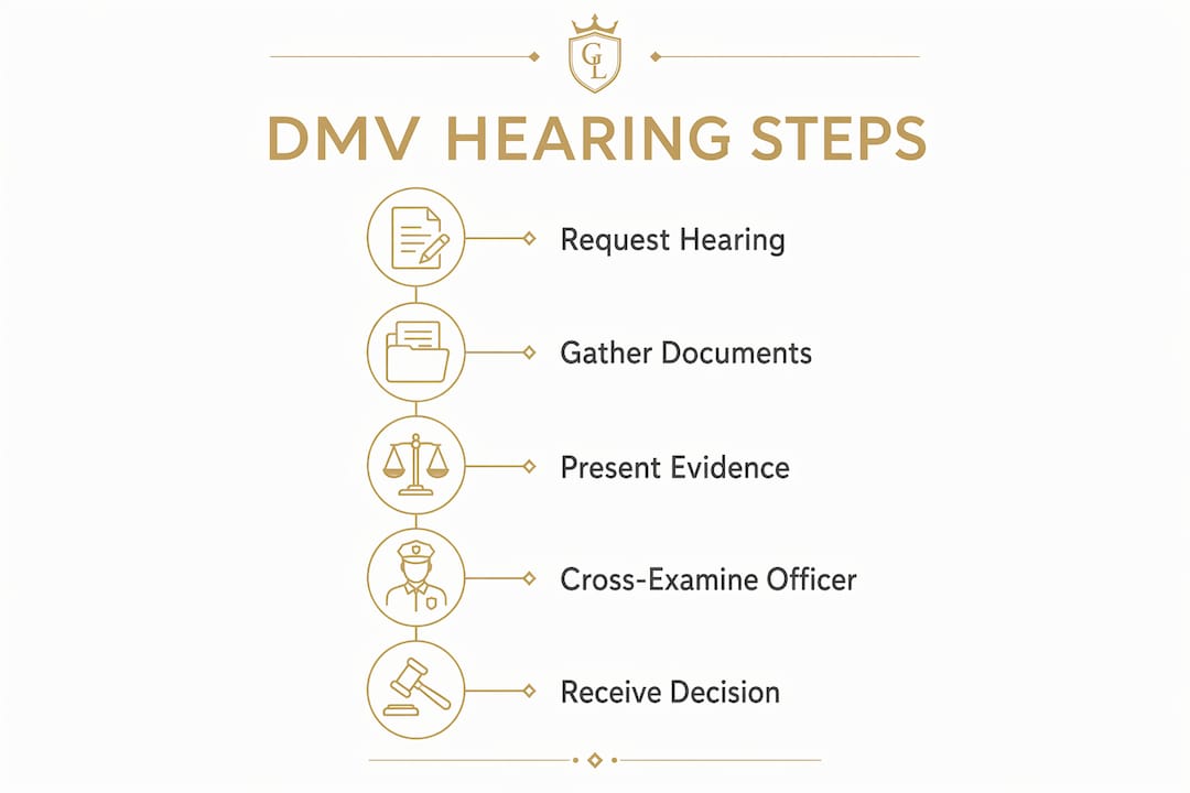 Infographic illustrating steps of a DMV DUI hearing